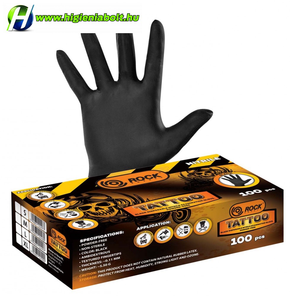 Image of Fekete eldobható nitril kesztyű, púder mentes(100db/csom) Rock tattoo S